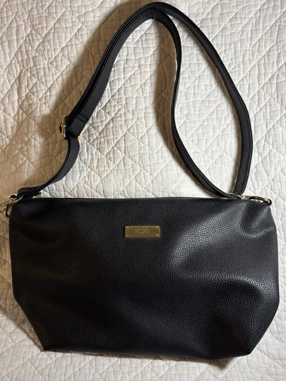 BCBG Paris Purse Tote Black Gold Metal Zipper Top Pebbled